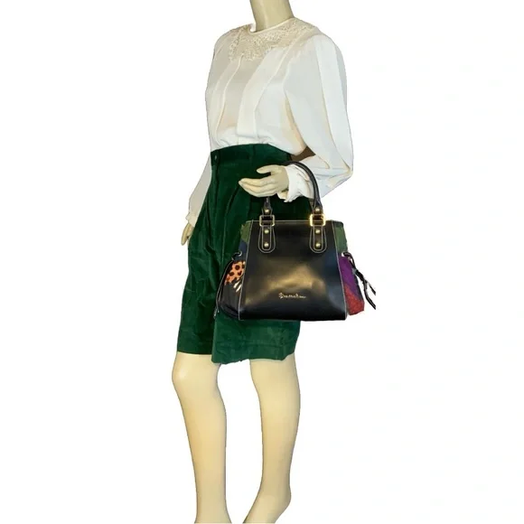 BRACCIALINI BLACK LEATHER SHOULDER BAG W/MULTI COLOR FABRIC SIDES - Picture 3 of 13